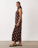 sleeveless funnel neck maxi dress in chocolate and pink polka dots