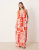 technical fabric scoop ruched neck maxi sundress in red and white patchwork print