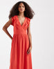 Vero Moda Easy Joy ruffle shoulder plunge front midi dress in coral