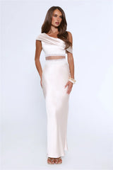 Under Candlelights Off Shoulder Satin Maxi Dress Champagne