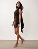 TFNC slinky one shoulder drape and scarf detail mini dress in chocolate