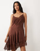 slip lace trim mini dress with asymmetric hem in chocolate