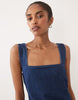 denim square neck mini dress in mid blue