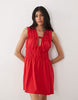 shirred tie front mini dress in red