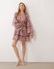 YAS ruffle chiffon smock mini dress in pink and mauve plaid print
