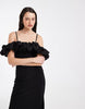 Object extreme off the shoulder satin ruffle trim maxi dress in soft black