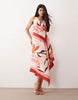 deep cowl asymmetric open back maxi dress in scarf print