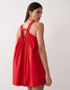 v-neck poplin mini smock sundress with lace overlay in tomato red