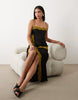 bias cut double layer lace appliqué satin maxi dress in black