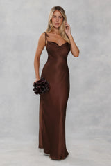 The Penelope Cowl Satin Maxi Dress Chocolate Brown