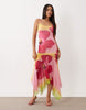 Kaiia exclusive slinky mesh scoop neck dropped waist asymmetric handkerchief hem maxi dress in pink ombré floral