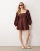 square neck twill mini dress with puff sleeves and contrast stitching in warm chocolate
