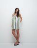 ruched neck mini sundress in techy fabric in blue stripe
