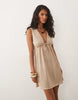 textured jersey ruched tie front mini dress in stone