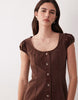 scoop neck button down mini dress with cap sleeve in chocolate twill