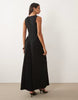 boat neck waist detail midi dress in black
