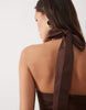 Wanderdoll Marilyn cotton rich structured halterneck shirred bust corset detailing mini dress in chocolate