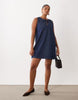 Curve denim ruched keyhole mini dress in dark mid blue