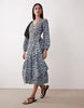 Wednesday's Girl long sleeve tie detail wrap dress in blue smudged dots
