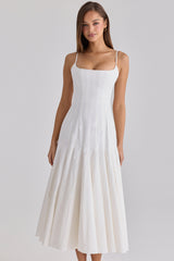 white pleated cotton godet midi dress