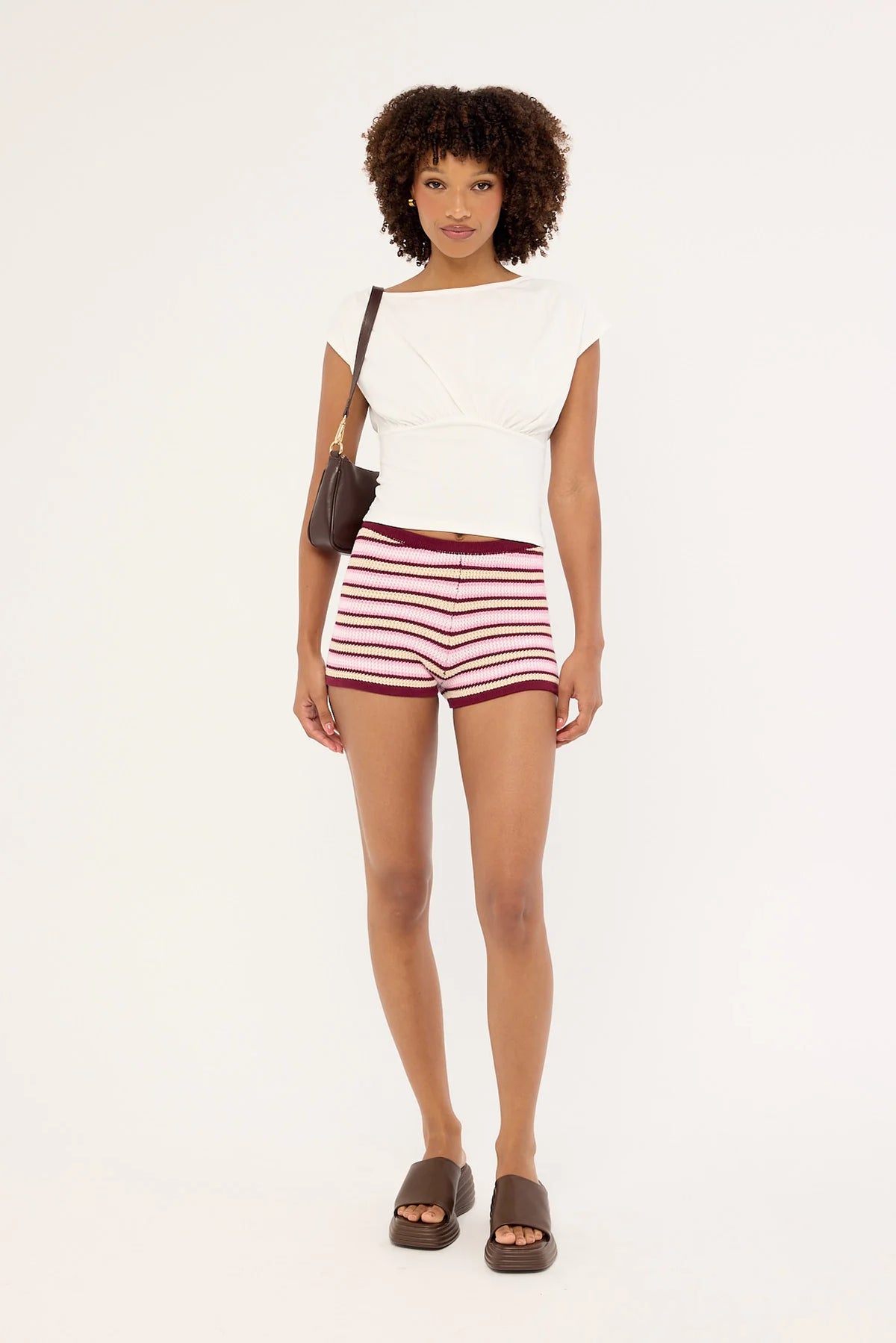 Perfect Stranger Dawn Crochet Mini Shorts Burgundy Stripe
