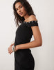 snaps off shoulder midi dress in black