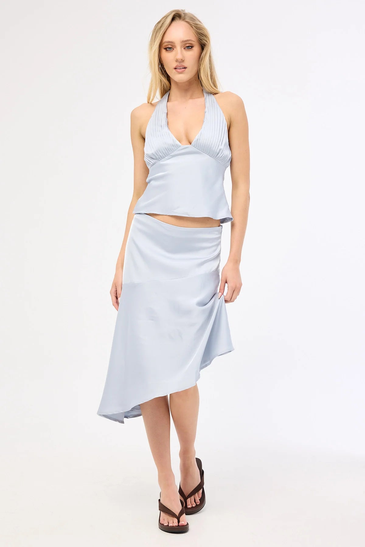Perfect Stranger True Romance Satin Midi Skirt Ice Blue