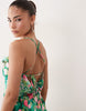 Hope & Ivy Petite cowl neck tie back slit front satin maxi dress in green garden floral