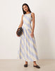 racer neck maxi sundress with cut out back in blue and white stripes