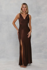 The Loretta Cowl Satin Maxi Dress Chocolate Brown