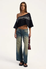 Neovision Outline Crop Off Shoulder Tee Black