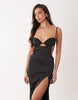 Oh Polly premium satin thigh slit maxi dress with embellished bralette detailing in black