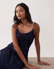 structured cotton sateen tie bust dropped waist midaxi sundress in navy