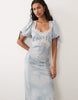 Hope & Ivy satin jacquard lace trim tie sleeve midi dress in pale blue