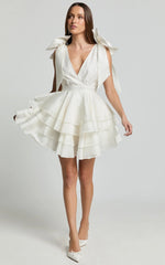 Roxanne Mini Dress - Shoulder Tie Plunge Ruffle Dress in White
