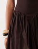 basque waist midi dress with woven skirt in chocolate