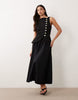 linen blend maxi vest dress with poplin skirt in black