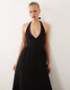 crochet halter tiered midi dress in black
