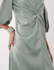 YAS knot front volume sleeve satin midi dress in milieu green
