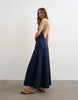 Topshop premium linen rich halter neck wrap maxi dress in dark navy
