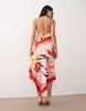 deep cowl asymmetric open back maxi dress in scarf print