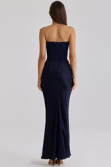 navy satin + crepe strapless corset maxi dress