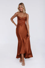 Sultry Horizon Satin Lace Maxi Dress Brown