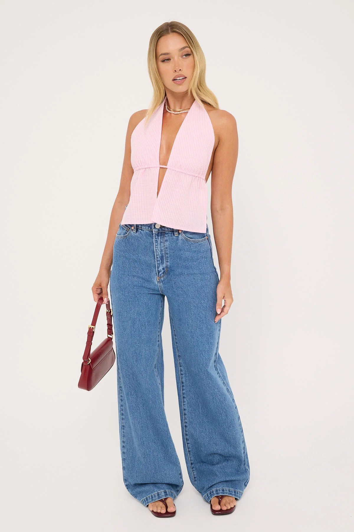 Luck & Trouble Cyan Stripe Halter Top Pink Stripe