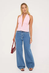 Luck & Trouble Cyan Stripe Halter Top Pink Stripe
