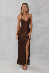 The Sophia Satin Maxi Dress Chocolate Brown