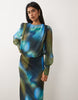 Daska chiffon drape detail blouson waist maxi dress in blurred blue and olive print