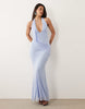 mesh halter maxi dress with draped sash detail in blue