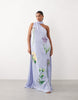ARRANGE Curve botanical floral embroidered one shoulder maxi dress in dusky blue