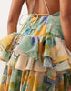 pinny double layer maxi dress with ruffle detail in blue and yellow abstract print